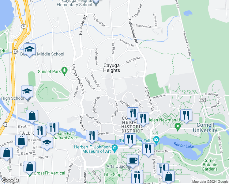 map of restaurants, bars, coffee shops, grocery stores, and more near Highland Rd & Wyckoff Ave in Ithaca
