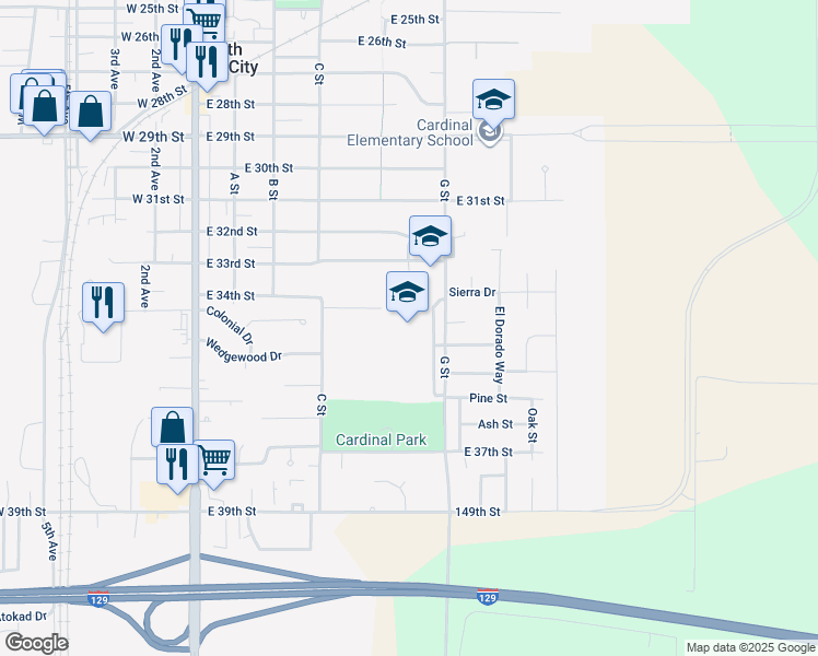 map of restaurants, bars, coffee shops, grocery stores, and more near 3625 G Street in South Sioux City