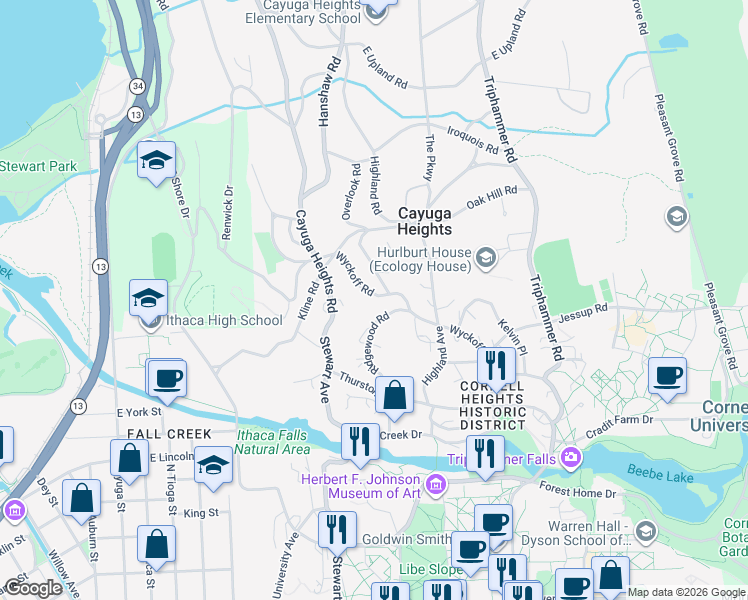 map of restaurants, bars, coffee shops, grocery stores, and more near 519 Wyckoff Road in Ithaca
