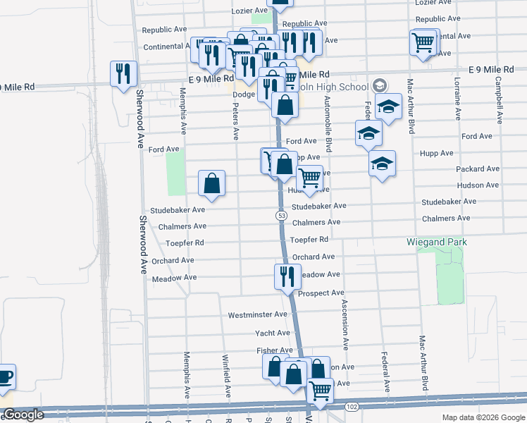 map of restaurants, bars, coffee shops, grocery stores, and more near 7543 Studebaker Avenue in Warren