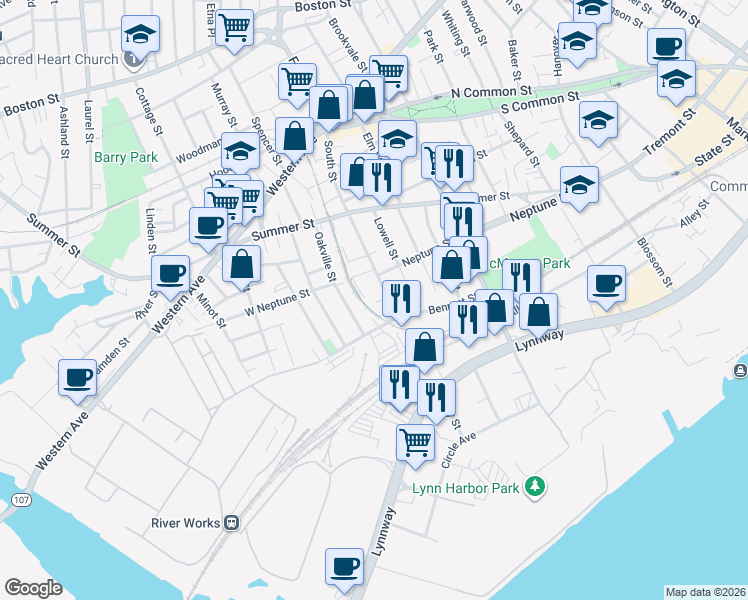 map of restaurants, bars, coffee shops, grocery stores, and more near 143 South Street in Lynn