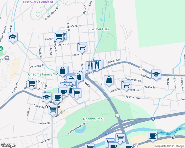 map of restaurants, bars, coffee shops, grocery stores, and more near 360 Main Street in Oneonta