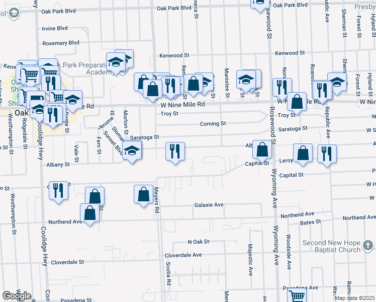 map of restaurants, bars, coffee shops, grocery stores, and more near 10661 Albany Street in Oak Park