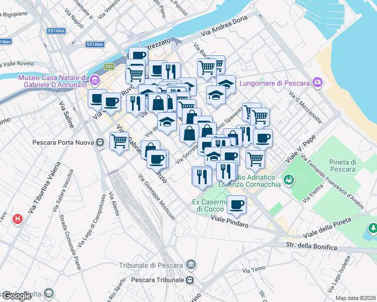 map of restaurants, bars, coffee shops, grocery stores, and more near 184 Viale Guglielmo Marconi in Pescara