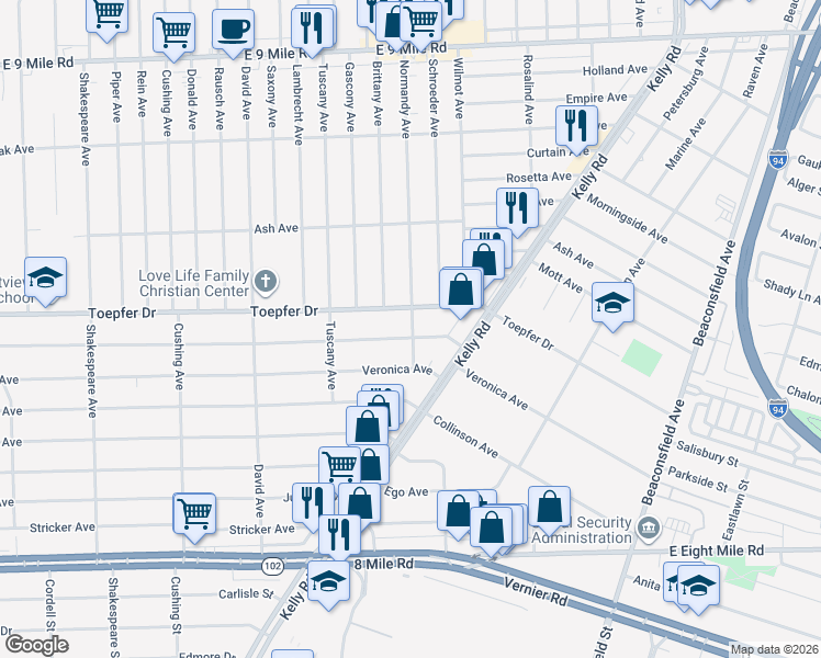 map of restaurants, bars, coffee shops, grocery stores, and more near 17757 Lincoln Avenue in Eastpointe
