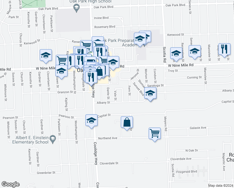 map of restaurants, bars, coffee shops, grocery stores, and more near 21950 Vale Street in Oak Park