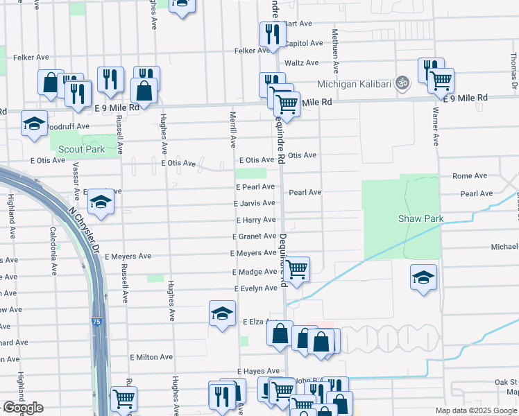 map of restaurants, bars, coffee shops, grocery stores, and more near 1770 East Jarvis Avenue in Hazel Park