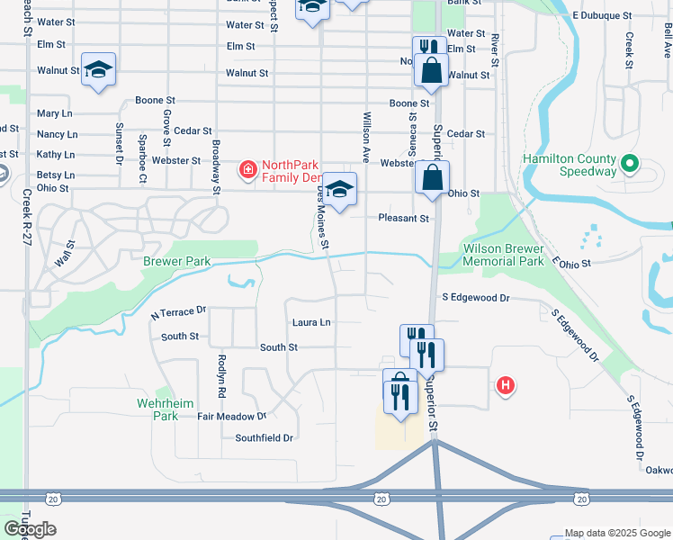 map of restaurants, bars, coffee shops, grocery stores, and more near 1906 Des Moines Street in Webster City