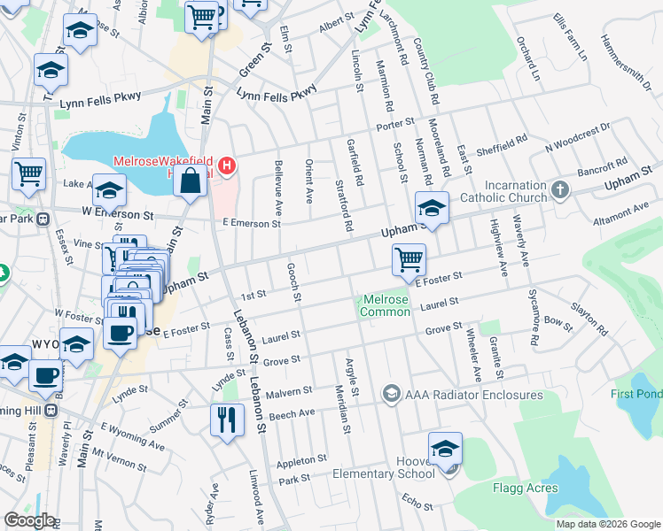 map of restaurants, bars, coffee shops, grocery stores, and more near 177 Upham Street in Melrose