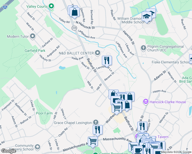 map of restaurants, bars, coffee shops, grocery stores, and more near 143 Bedford Street in Lexington