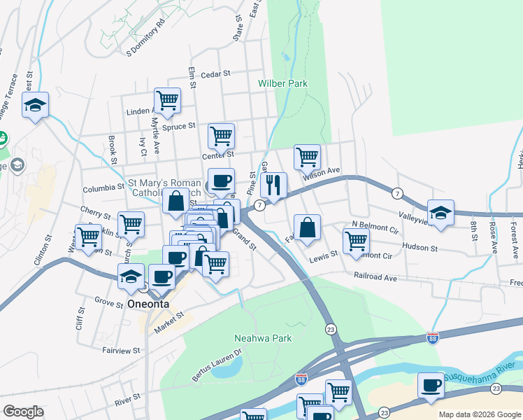 map of restaurants, bars, coffee shops, grocery stores, and more near 356 Main Street in Oneonta