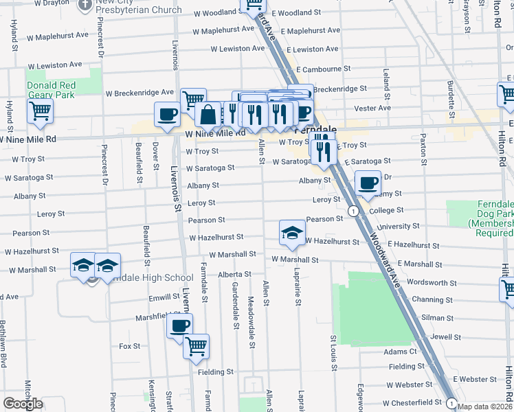 map of restaurants, bars, coffee shops, grocery stores, and more near 454 Leroy Street in Ferndale