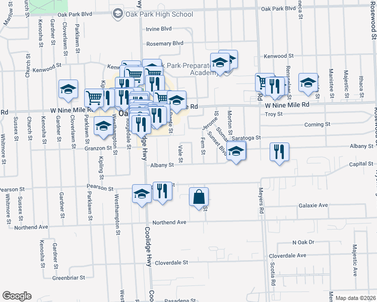 map of restaurants, bars, coffee shops, grocery stores, and more near 22011 Eastwood Street in Oak Park