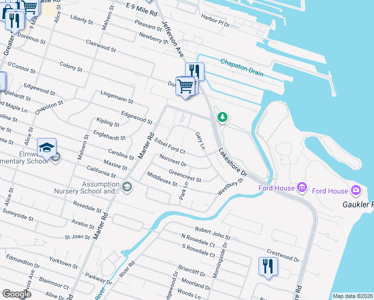 map of restaurants, bars, coffee shops, grocery stores, and more near 23219 Edsel Ford Court in St. Clair Shores