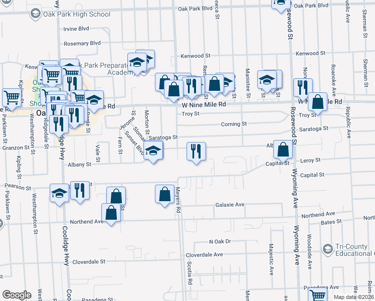 map of restaurants, bars, coffee shops, grocery stores, and more near 10750 Albany Street in Oak Park