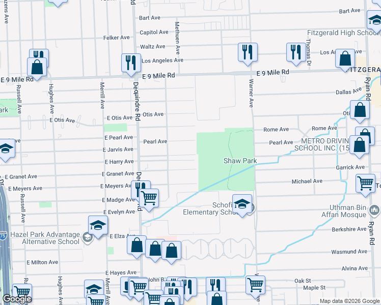 map of restaurants, bars, coffee shops, grocery stores, and more near 2208 Pearl Avenue in Warren