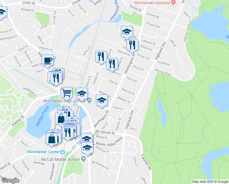 map of restaurants, bars, coffee shops, grocery stores, and more near 5 Hancock Street in Winchester
