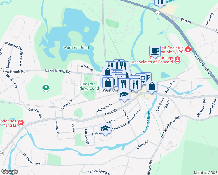 map of restaurants, bars, coffee shops, grocery stores, and more near 135 Commonwealth Avenue in Concord