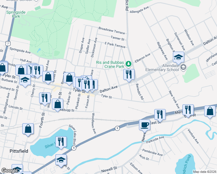 map of restaurants, bars, coffee shops, grocery stores, and more near 14 Westminster Street in Pittsfield