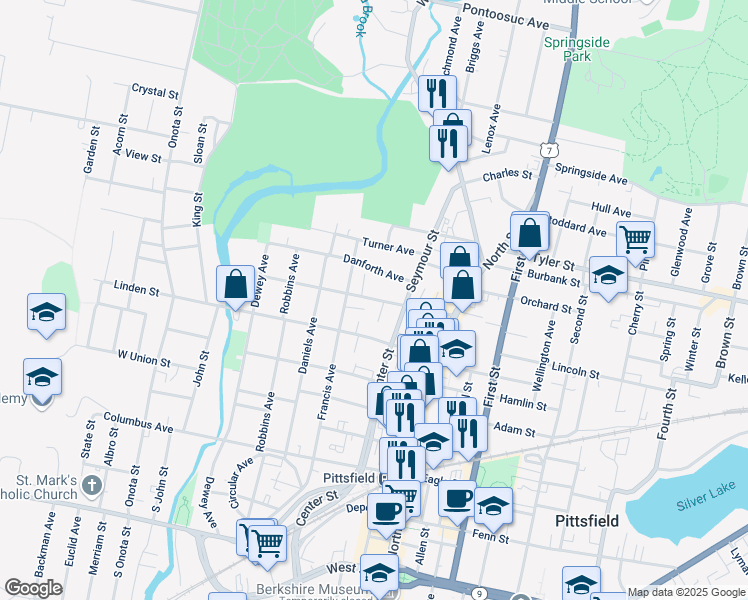 map of restaurants, bars, coffee shops, grocery stores, and more near 23 Danforth Avenue in Pittsfield