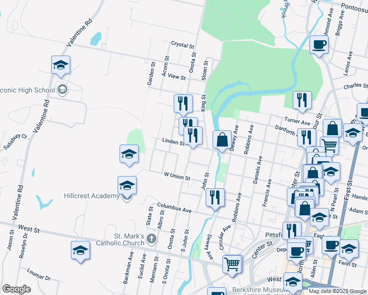 map of restaurants, bars, coffee shops, grocery stores, and more near 268 Linden Street in Pittsfield