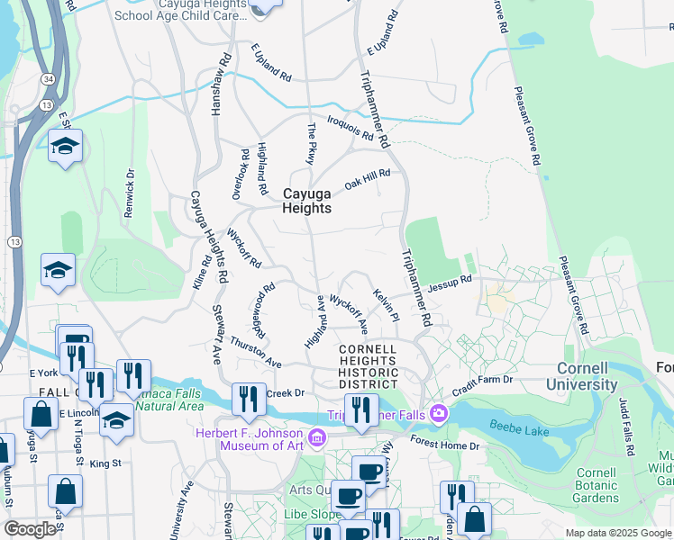 map of restaurants, bars, coffee shops, grocery stores, and more near Kelvin Pl Exd in Ithaca