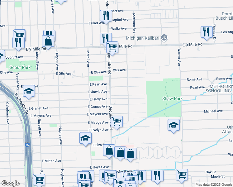 map of restaurants, bars, coffee shops, grocery stores, and more near 22000 Dequindre Road in Warren