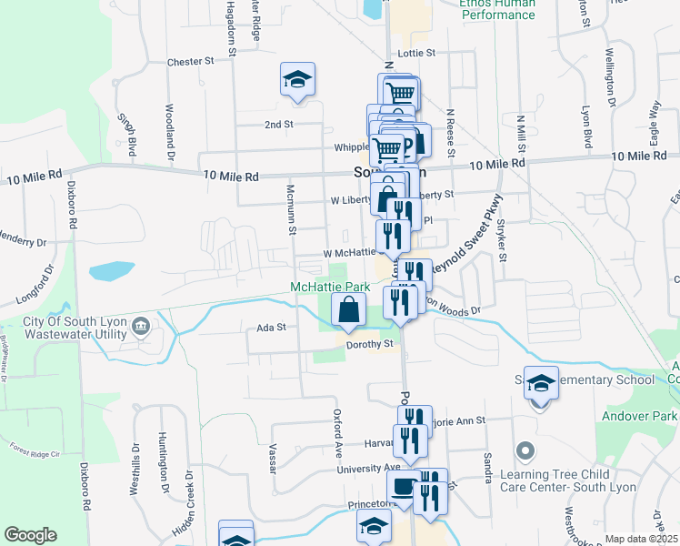 map of restaurants, bars, coffee shops, grocery stores, and more near 223 West McHattie Street in South Lyon