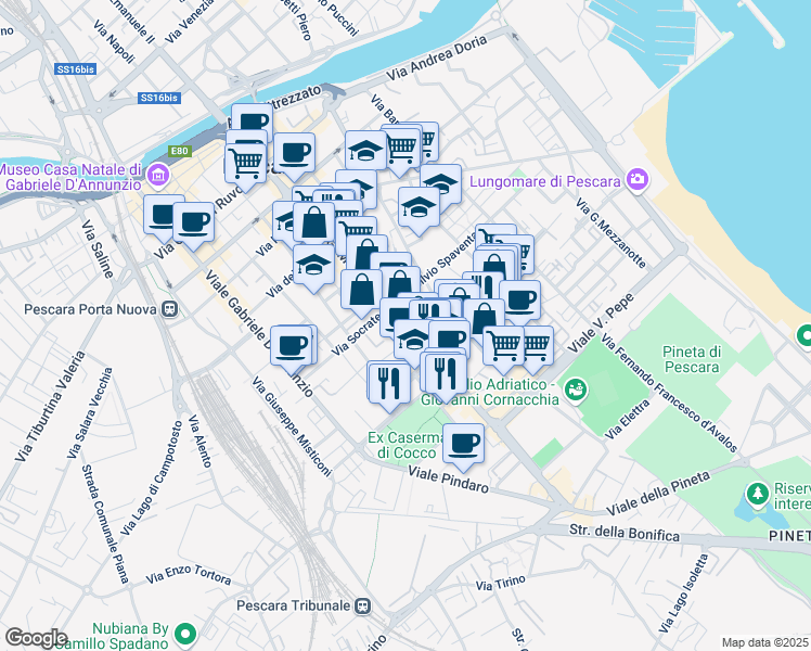 map of restaurants, bars, coffee shops, grocery stores, and more near 229 Viale G. Marconi in Pescara