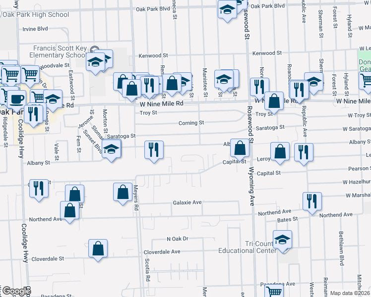 map of restaurants, bars, coffee shops, grocery stores, and more near 10330 Albany Street in Oak Park