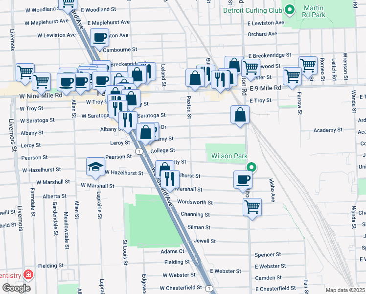map of restaurants, bars, coffee shops, grocery stores, and more near 343 College Street in Ferndale