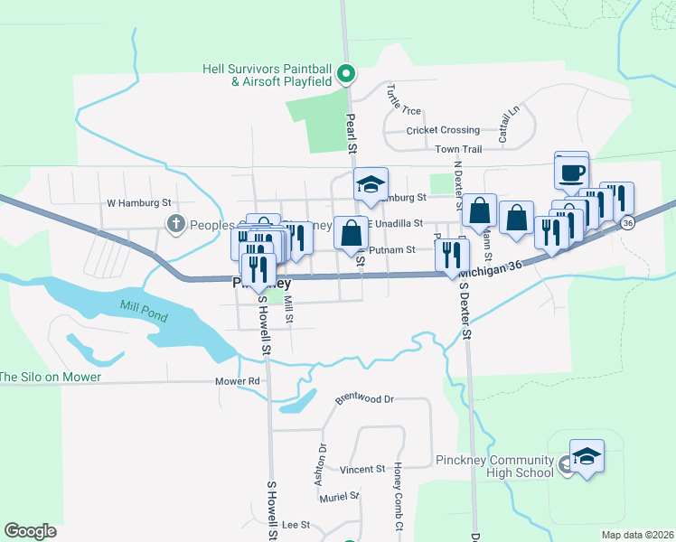 map of restaurants, bars, coffee shops, grocery stores, and more near 121 Stuart Street in Pinckney