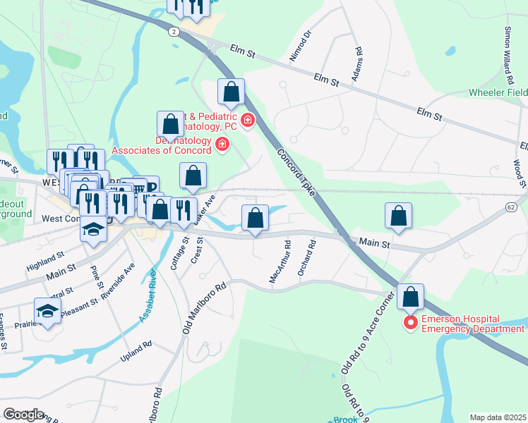 map of restaurants, bars, coffee shops, grocery stores, and more near 7 Concord Greene in Concord