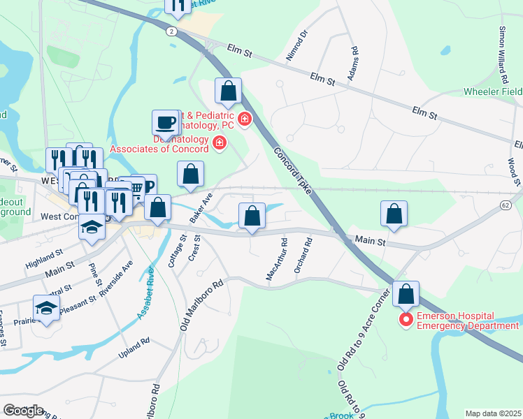 map of restaurants, bars, coffee shops, grocery stores, and more near 7 Concord Greene in Concord
