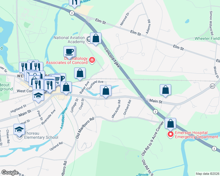 map of restaurants, bars, coffee shops, grocery stores, and more near 7 Concord Greene in Concord
