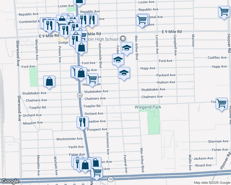 map of restaurants, bars, coffee shops, grocery stores, and more near 8302 Studebaker Avenue in Warren