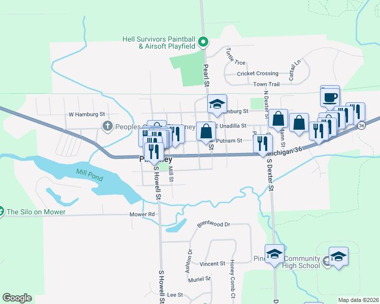 map of restaurants, bars, coffee shops, grocery stores, and more near 121 Stuart Street in Pinckney