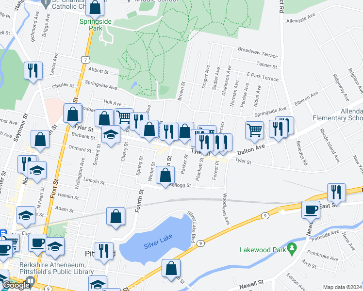map of restaurants, bars, coffee shops, grocery stores, and more near 585 Tyler Street in Pittsfield