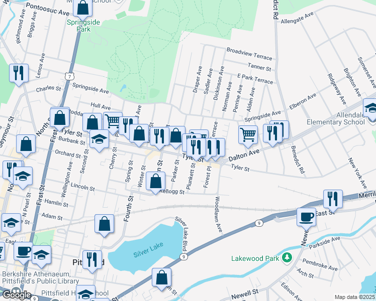 map of restaurants, bars, coffee shops, grocery stores, and more near 665 Tyler Street in Pittsfield