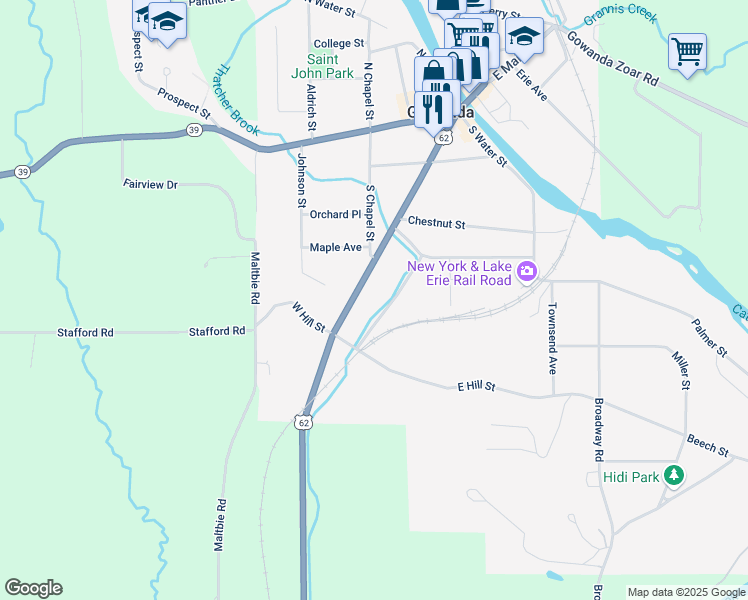 map of restaurants, bars, coffee shops, grocery stores, and more near 218 Jamestown Street in Gowanda