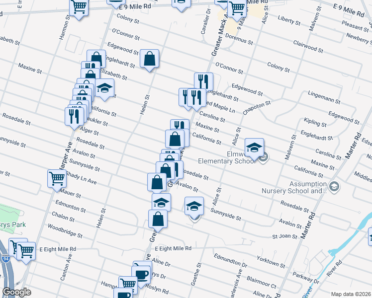 map of restaurants, bars, coffee shops, grocery stores, and more near 22209 Greater Mack Avenue in St. Clair Shores