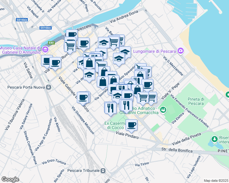 map of restaurants, bars, coffee shops, grocery stores, and more near 229-237 Viale Guglielmo Marconi in Pescara