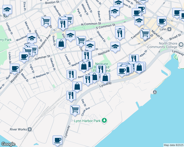 map of restaurants, bars, coffee shops, grocery stores, and more near 159 Commercial Street in Lynn