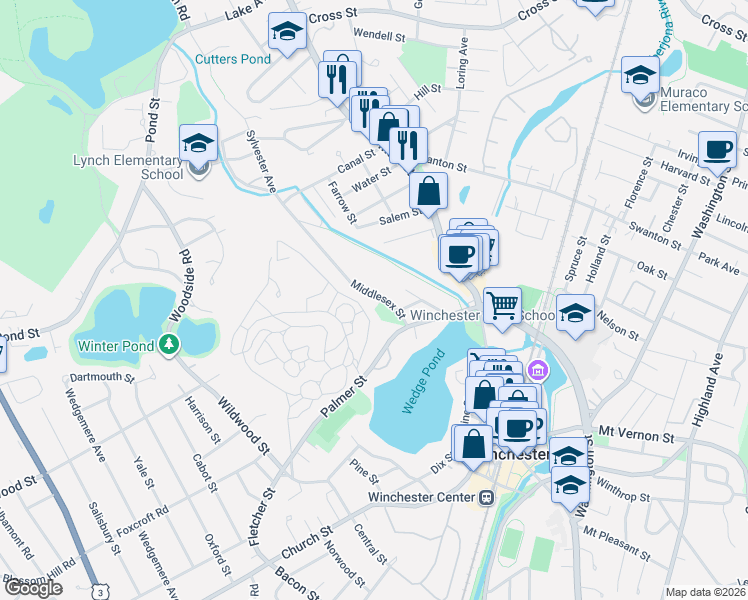 map of restaurants, bars, coffee shops, grocery stores, and more near 38 Middlesex Street in Winchester