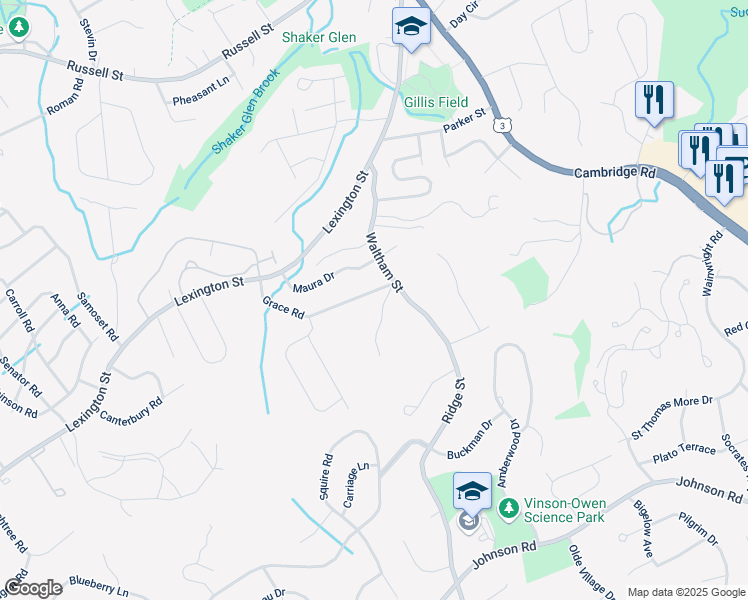 map of restaurants, bars, coffee shops, grocery stores, and more near 26 Grace Road in Woburn