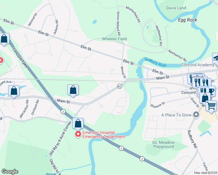 map of restaurants, bars, coffee shops, grocery stores, and more near 616 Main Street in Concord