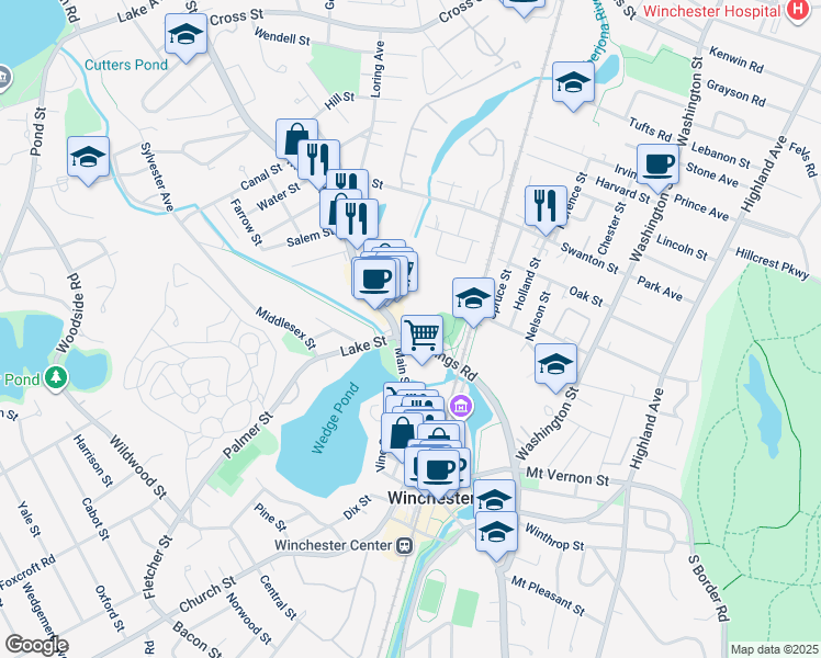 map of restaurants, bars, coffee shops, grocery stores, and more near 10 Skillings Road in Winchester