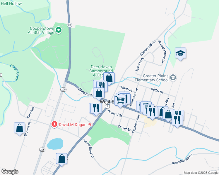 map of restaurants, bars, coffee shops, grocery stores, and more near 9 Winney Hill Road in Oneonta