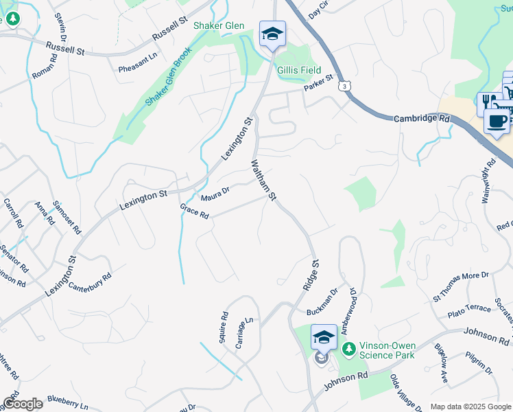 map of restaurants, bars, coffee shops, grocery stores, and more near 26 Grace Road in Woburn
