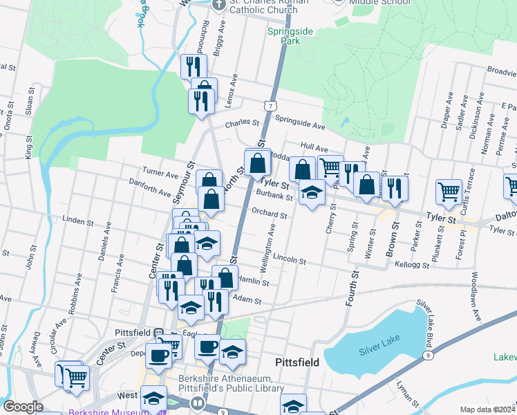 map of restaurants, bars, coffee shops, grocery stores, and more near 53 Orchard Street in Pittsfield